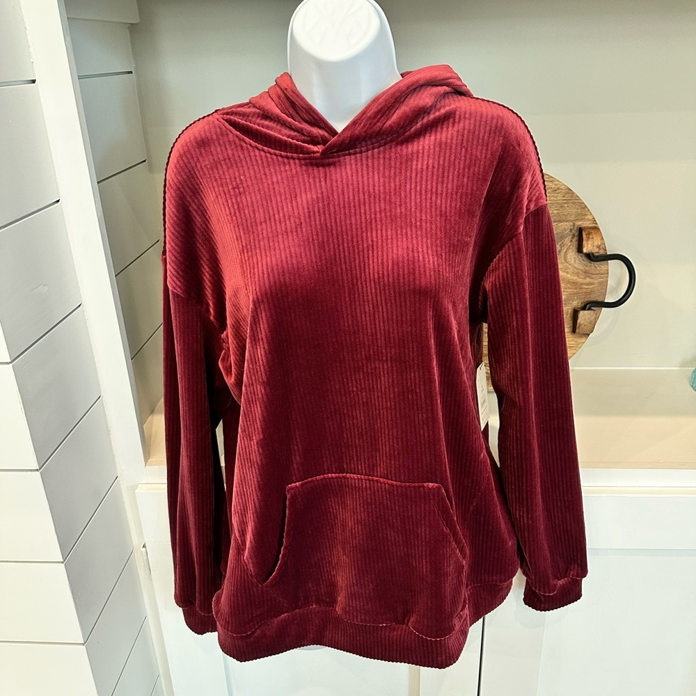Corded Velour Merlot Wine Hooded Sweater